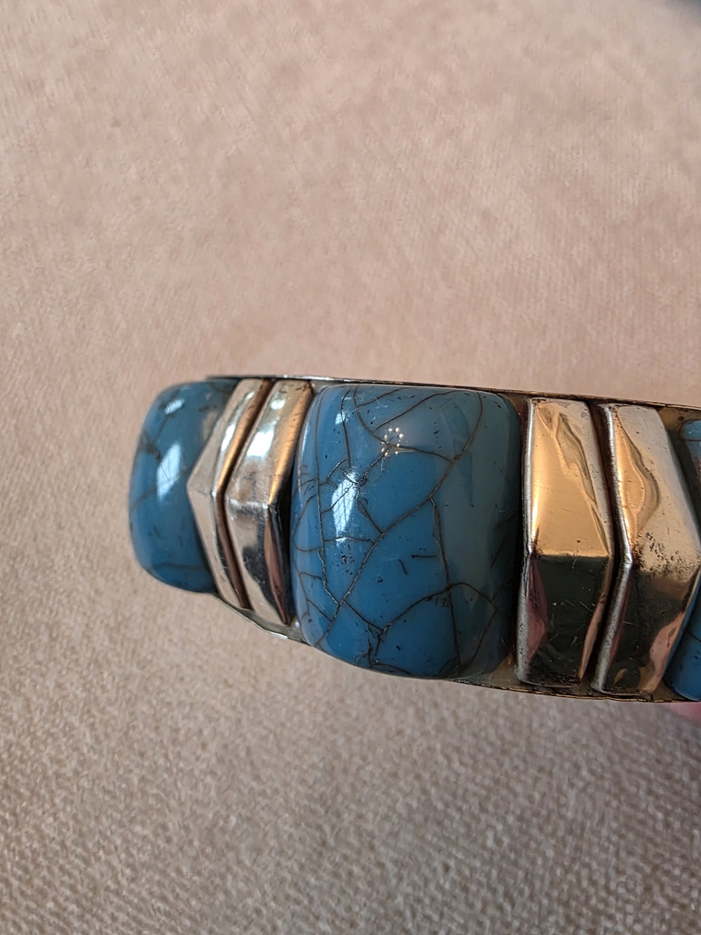 Turquoise Stone Chunky Bangle Bracelet Silver Tone Statement Cuff - Picture 5 of 7